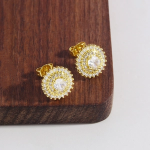 Classic 18k gold plated round sunburst stud earrings with brilliant zircon stones