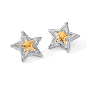 Detailed view of two-tone star earrings with silver outer frame and golden inner star