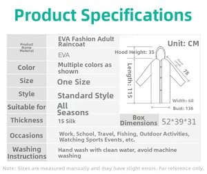 Detailed technical chart of the thick EVA raincoat showing size dimensions and parameters