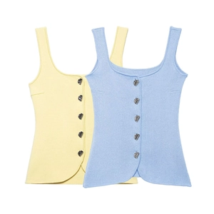 Women Knitted Tank Top Slim Fit Square Neck Button Down Solid Color Sexy Chic Knit Camisole Streetwear