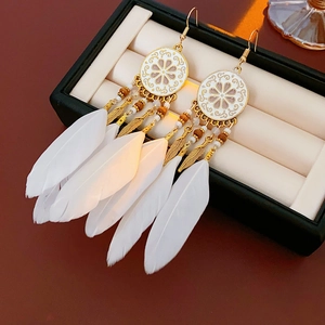 Détail de boucles d'oreilles bohèmes rondes avec plumes blanches et émail en boîte