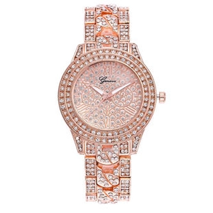 Close-up of Geneva rose gold watch featuring Roman numerals and crystal-encrusted finish