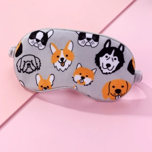 Cute gray plush eye mask with cartoon dog patterns and elastic strap for comfortable sleeping