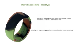 Macro detail of 8.7mm wide silicone sports ring showing camouflage texture and dimensions
