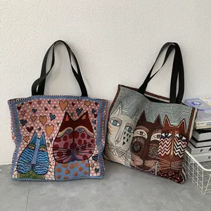 Artistic jacquard canvas tote bags with cute cat patterns and spacious interior