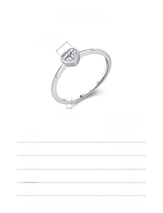 Detailed size chart for the heart-shaped 925 sterling silver solitaire ring with dimensions