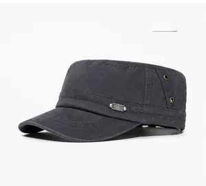 Detail view of washed grey cotton flat top cap with metal vents and side brand plate