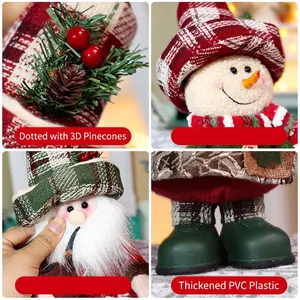 Standing Christmas plush dolls with plaid patterns, pine cones and berries decoration