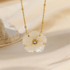 Gold plated stainless steel necklace featuring a shell flower pendant and pearl bead chain
