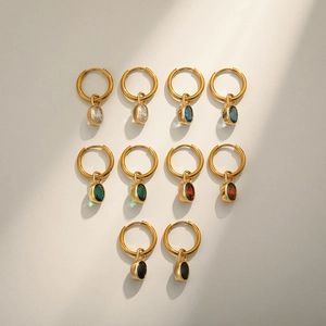 18K Gold Plated Stainless Steel Detachable Oval Rhinestone Hoop Earrings French Style Gemstone Drop Earrings For Women Jewelry