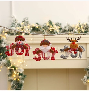 Christmas tree ornaments with plush Santa Snowman Reindeer and JOY letter plaque detail