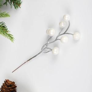 Artificial white pearl berries on silver stem with pine needle and cone decoration