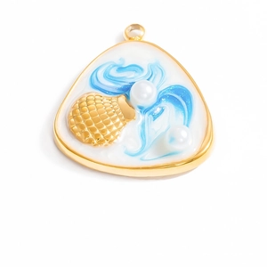 18K gold stainless steel triangular shell pendant with blue enamel and white pearls