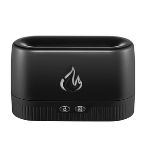 Matte black flame aroma diffuser humidifier with USB control buttons on white background
