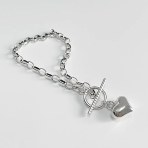 925 Sterling silver heart bracelet with toggle clasp and polished heart charm pendant