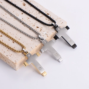 Two-tone stainless steel cross pendant necklaces with decorative screw details for men