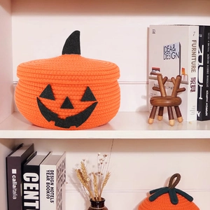 Handwoven orange cotton rope pumpkin storage basket with lid for Halloween decor