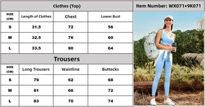 Size chart showing S, M, L measurements for seamless yoga sports set in light blue