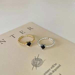 925 Sterling Silver Ring Heart Shaped Black Zircon Twist Braid Band Adjustable Open Jewelry Retro Minimalist For Women