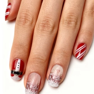 Christmas Press On Nails Santa Claus Design Red White Striped Glitter Artificial Nails Square Holiday Party For Women ABS Plastic