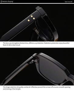 Detail of high-quality metal hinges and golden star rivets on black square sunglasses