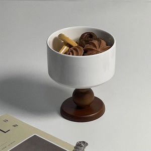 French retro ceramic pedestal bowl with ball wooden base for desserts and cocktails