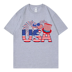 T-shirt gris chiné surdimensionné avec motif drapeau USA et imprimé de feux d'artifice