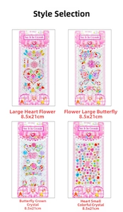 Detailed set of 4 3D acrylic crystal gemstone stickers for kids with heart and crown motifs