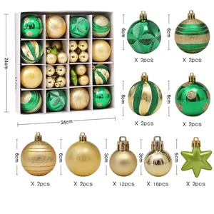 Detailed view of 42pcs Christmas ball set with sizes 3cm and 6cm in green and gold color