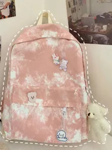 Tie-Dye Canvas Backpack Large Capacity School Bag For Women Students Japanese Style With Cute Bear Rabbit Pins And Plush Pendant