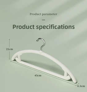 Detail view of a white flocked hanger showing dimensions of 45cm width and 21cm height
