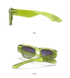 Side and back view of translucent green square sunglasses with detailed temple parameters