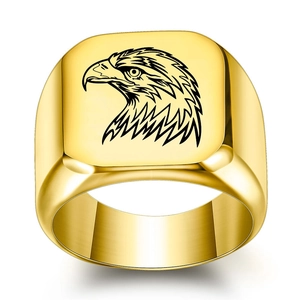 Polished gold square signet ring for men featuring a laser-engraved eagle head design