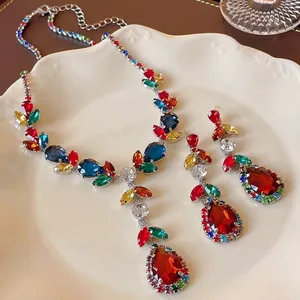 Sparkling crystal necklace and earrings set with colorful waterdrop leaf gems