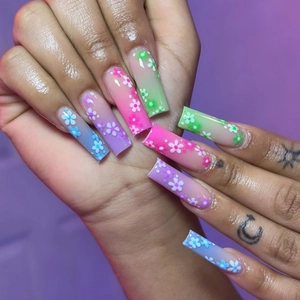 Long Coffin Press On Nails Pink Gradient 3D White Flower Small Fresh Sweet Acrylic Fake Nails For Women Decor
