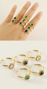 Macro detail of adjustable gold ring with multi-colored zircon stones on model and display