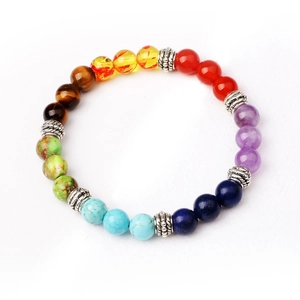 Bracelet tressé sept chakras en pierres naturelles colorées et cordon élastique noir mat