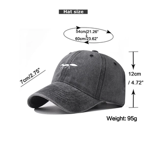 Detailed view of fox embroidery on washed cotton baseball cap with size measurements