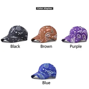 Paisley cotton baseball caps in black, brown, purple and blue shown in grid layout