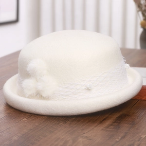 Vintage Wool Blend Cloche Hat For Women Elegant Rolled Edge Round Top Bowler Hat With Mesh Lace And Pom Pom Accents