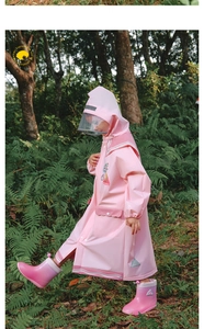 Pink waterproof kids raincoat featuring a large transparent hood and cartoon giraffe print