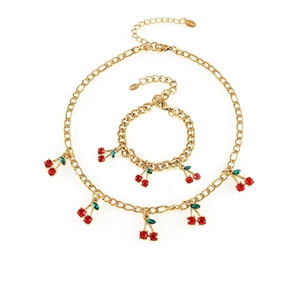 Cherry Jewelry Necklace And Bracelet Gold Plated Stainless Steel Red Glass Crystal Fruit Pendant For Women Fashion