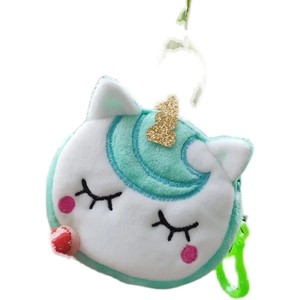 Cute mint green plush unicorn coin purse with golden horn and hanging hook clip