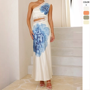 Robe Maxi En Satin À Une Épaule Taille Découpée Dentelle Patchwork Imprimé Floral Sans Manches Vacances Été Ourlet Sirène
