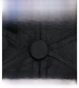 Macro detail of the top button and six-panel stitching on a black textured baseball cap