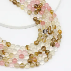 Polished natural rutilated quartz beads for DIY jewelry in pink, amber, and clear tones