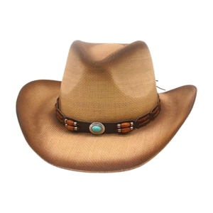 Brown western cowboy hat with woven texture, leather band, and turquoise stone