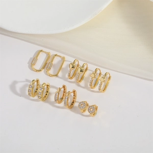 6-pair set of gold-plated geometric star and heart huggie earrings with white crystals