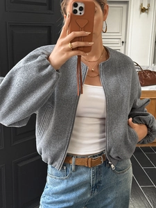 Women's casual grey zip-up cropped wool jacket with balloon sleeves for autumn fashion