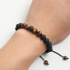 Tiger eye and lava stone adjustable rope bracelet for men featuring natural beads
